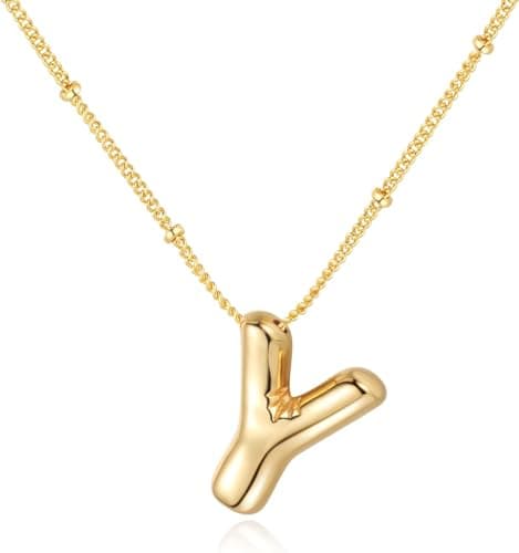 Punhem Bubble Gold Letter Necklace for Women 14k Gold Plated Balloon Initial Letter Pendant Necklace Pearl Custom Name Layered Choker Necklace Gold Jewelry — image 1