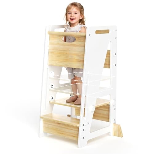 OPAUL Toddler Standing Stool - 3-Level Adjustable Kitchen Step Stool for Kids, Sturdy Wooden Kitchen Stool with Non-Skid Feet (Ages 18 Months-6 Years), White — image 1