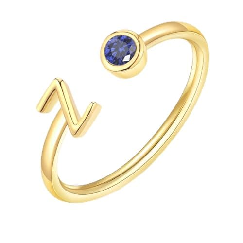 ZNBOH Gold Birthstone Initial Rings for Women Non Tarnish Dainty 14K Gold Plated Adjustable Letter Ring for Women Stackable Cute Thumb Pinky Fashion Unique Open Simple Birthday Gifts Jewelry — image 1