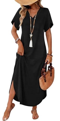 WIHOLL Summer Dresses for Women Short Sleeve Maxi Dresses V Neck Sundress with Side Slit Pockets Casual Beach Dress — image 1