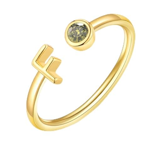 ZNBOH Gold Birthstone Initial Rings for Women Non Tarnish Dainty 14K Gold Plated Adjustable Letter Ring for Women Stackable Cute Thumb Pinky Fashion Unique Open Simple Birthday Gifts Jewelry — image 1