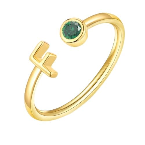 ZNBOH Gold Birthstone Initial Rings for Women Non Tarnish Dainty 14K Gold Plated Adjustable Letter Ring for Women Stackable Cute Thumb Pinky Fashion Unique Open Simple Birthday Gifts Jewelry — image 1
