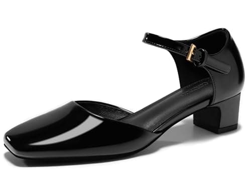 Coutgo Womens Chunky Low Heels Dress Shoes Ankle Buckle Strap Square Toe D'Orsay Pumps Work Party Shoes, Black, Size 8.5