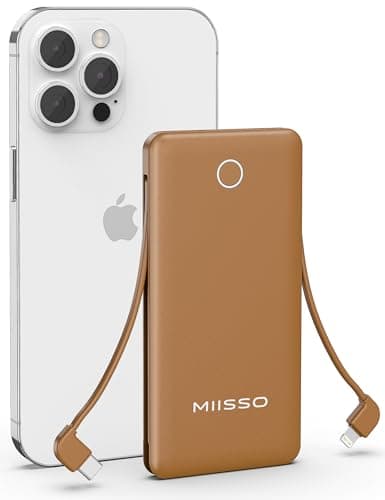 10000mAh Slim Portable Charger with Built in Cable, Power Bank Travel Charger External Battery Pack for Phone, 4 Output USB Type C Cord Clutch Charger Compatible with iPhone, Brown