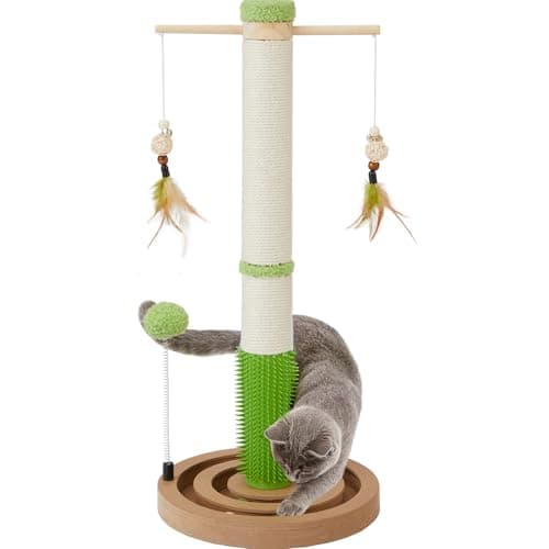 Cat Scratching Post, 26 Inch Tall Scratching Posts for Indoor Cats Adults and Kittens, Small Cat Scratch Post with Rotatable Hanging Toys, Rubber Brush and Double-Layer Interactive Wooden Ball Track — image 1