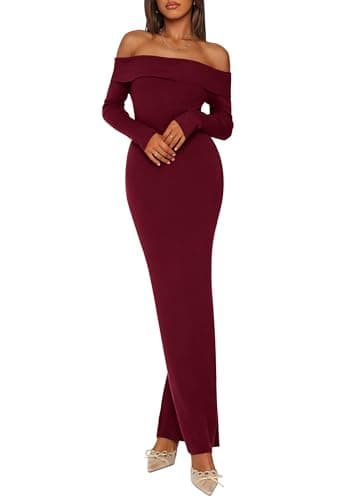 PRETTYGARDEN Womens Fall Sweater Dress 2026 Long Sleeve Off Shoulder Slit Maxi Bodycon Cocktail Party Dresses Spring Fashion — image 1