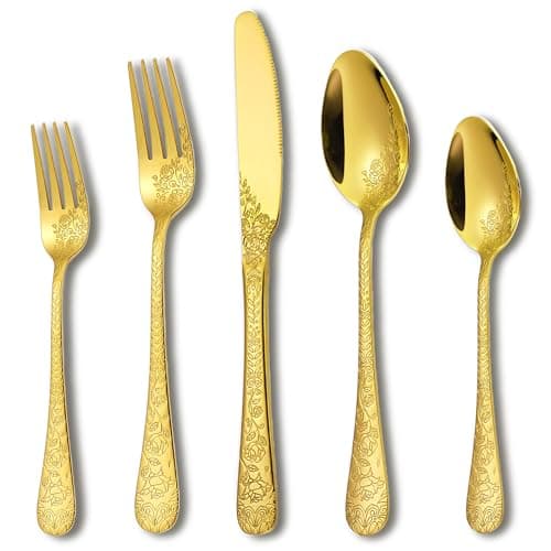 Runfly Vintage Carved Floral Gold Silverware Set for 4, Stainless Steel 20-Piece Flatware Set with Knife/Fork/Spoon, Cutlery Set for Home and Kitchen, Modern Utensil Set — image 1