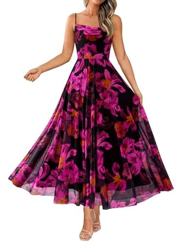 BTFBM Women Summer Floral Maxi Dresses Elegant Spaghetti Strap Dress Printed Party Dress Beach Long Dresses(Floral Black Rose Red,Large)