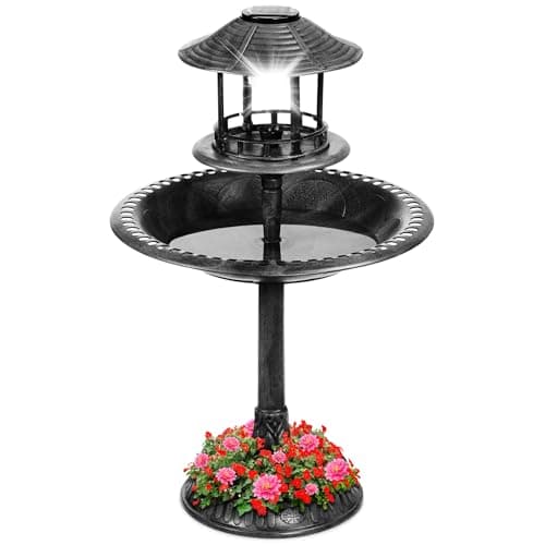 Best Choice Products Solar Outdoor Bird Bath Vintage Resin Pedestal Fountain Decoration for Yard, Garden w/Planter Base, Feeder, Decorative Bird Cage, Fillable Stand - Black — image 1