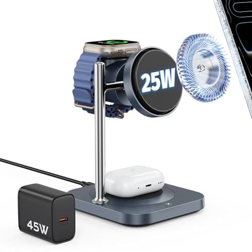 Gumosh Qi2.2 Charging Station for Apple, 25W 3 in 1 Magsafe Charger Stand with Active Cooling Fan, Magnetic Wireless Charger for iPhone 17/16/15/14/13/12, Apple Watch, AirPods (with 45W Adapter)