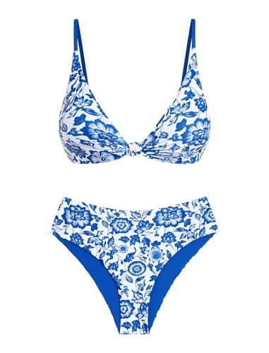 ZAFUL Bikini Set for Women V Neck Knot Front Push Up Bathing Suit High Cut Two Piece Swimsuit Brazilian Cheeky Swimwear — image 1