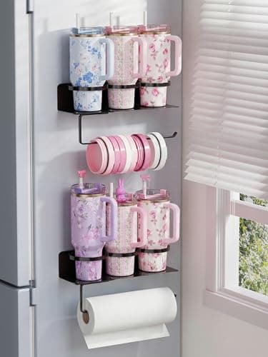 YIGII Magnetic Cup Holder for Fridge, 2 Pack Water Bottle Organizer for Stanley Cup with Tumbler Lid Holder, Magnetic Tumbler Storage Rack for Metal Surfaces (Black) — image 1