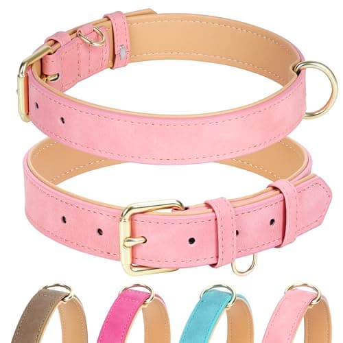 Jumpress Leather Dog Collar for Small Medium Large Dogs, Soft Padded Dog Leather Collar with Heavy Duty Gold Buckle, Durable & Comfortable for Puppy Dogs Daily Walking (Pink, XS) — image 1