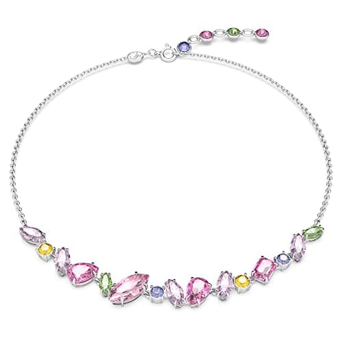 Swarovski Gema Flower Necklace, Earrings, and Bracelet Jewelry Collection with Pink Crystals on a Rhodium Finished Setting