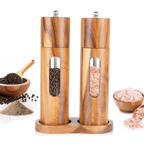 Acacia Wood Salt and Pepper Grinder Set with Base, Refillable Wooden Pepper & Salt Mill with Adjustable Ceramic Grinder for Kitchen & Dining,Durable Manual Salt Grinder