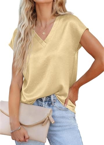 RUMIA Short Sleeve Satin Blouses Tops for Women- Ladies V Neck Blouse Shirt Dressy Casual Bussiness Work Outfit — image 1