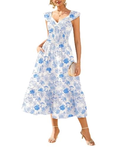 GRACE KARIN Women's Summer Floral Maxi Dress 2026 Ruffle Sleeve Smocked Sundress Flowy Wedding Guest Long Dresses with Pocket — image 1