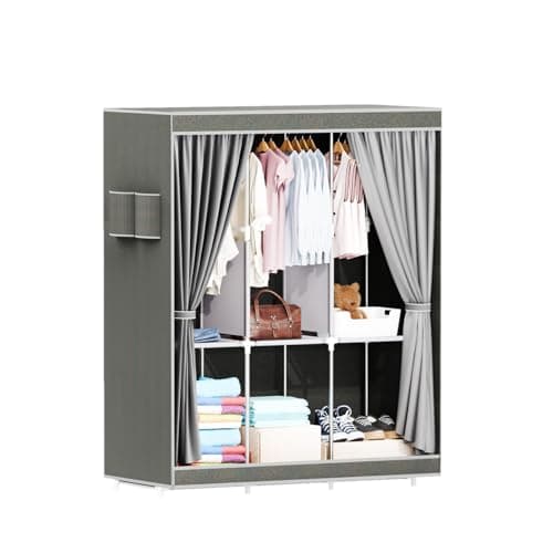 OKIE HOME Portable Closet Wardrobe, Heavy Duty Clothes Rack with Cover, Free Standing Closets for Hanging Clothes, Durable Storage Organizer with 3 Hanging Rods and Shelves - for Bedroom, Gray