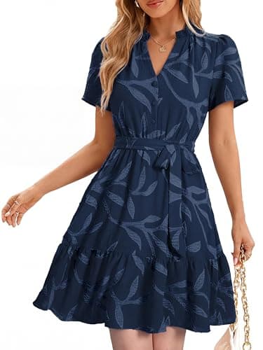 Simplee Womens Summer Dresses 2026 Casual Short Sleeve Empire Waist A Line Mini Dress V Neck Boho Sundress Pockets — image 1