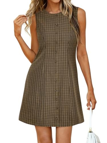 BTFBM Summer Dresses for Women 2026 Plaid Sleeveless Zip Up A Line Mini Dress Business Casual Vacation Gingham Sundress — image 1