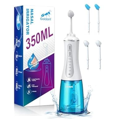 GOLDANT 350ML Neti Pot Sinus Rinse Kit, Nasal Irrigation System with 5 Modes, 4 Nozzles, Cordless Rechargeable, IPX7 Waterproof, Nose Cleaner for Sinus Relief (350ML No Salt)
