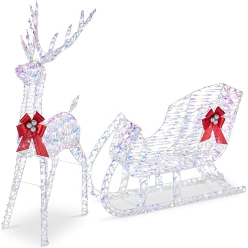 Best Choice Products Lighted Christmas 4ft Reindeer & Sleigh Holiday Outdoor Yard Decoration Set w/ 205 LED Lights, Stakes, Zip Ties - Iridescent — image 1
