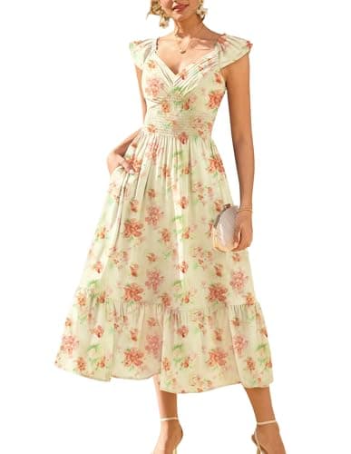 GRACE KARIN Women's Summer Floral Maxi Dress 2026 Ruffle Sleeve Smocked Sundress Flowy Wedding Guest Long Dresses with Pocket — image 1