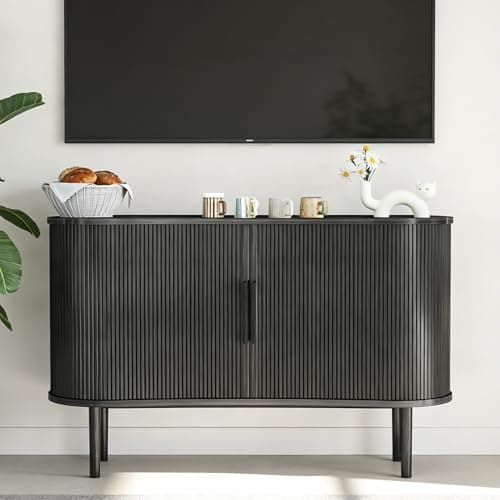 AraSyleon Mid-Century Modern Sideboard Buffet Cabinet, 55" Storage Cabinet with 4 cabinets, Decorative Fluted Sliding Doors for Bedroom Dining Room Small Space, Walnut Finish, Black