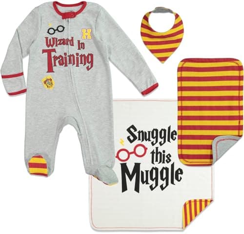 Harry Potter Newborn Baby Boy or Girl Zip Up Sleep N' Play, Bib, Blanket and Burp Cloth 4 Piece Outfit Set 0-6 Months