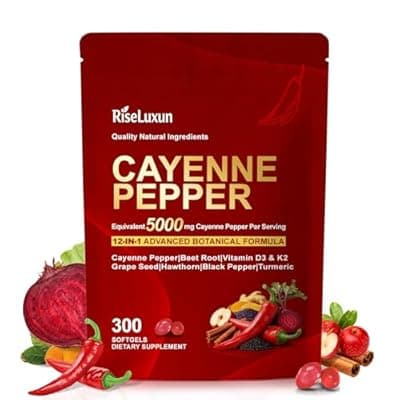 RiseLuxun 12-in-1 Cayenne Pepper Capsules Supplement*, 5000mg Per Serving Containing | Vitamin D3 K2+E & Extracts of Grape Seed, Hawthorn, Beetroot, Berberine Other Extracts