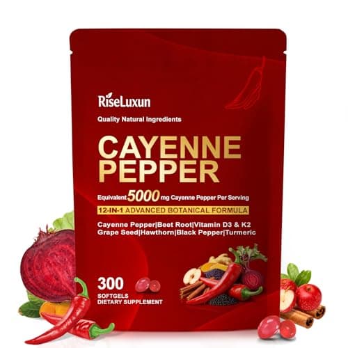RiseLuxun 12-in-1 Cayenne Pepper Capsules Supplement*, 5000mg Per Serving Containing | Vitamin D3 K2+E & Extracts of Grape Seed, Hawthorn, Beetroot, Berberine Other Extracts — image 1