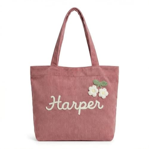 Personalized Corduroy Tote Bag for Women, Custom Name Large Shoulder Bag with Zipper, 3D Crochet Flower Embellishment, Stylish Travel College Work Handbag, Ideal Birthday Christmas Mother's Day Gift