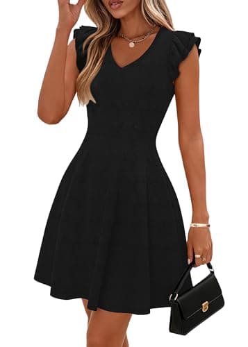 Lazysmile Summer Dresses for Women Ruffle Short Sleeve V Neck A Line Swing Ribbed Knit Casual Mini Short Dress — image 1