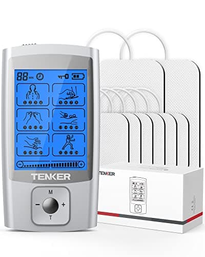 TENKER TENS Unit Muscle Stimulator, 24 Modes EMS Machine for Pain Relief Therapy/Pain Management, Rechargeable Electronic Pulse Massager with 2"x2" and 2"x4" Electrode Pads (Silver)