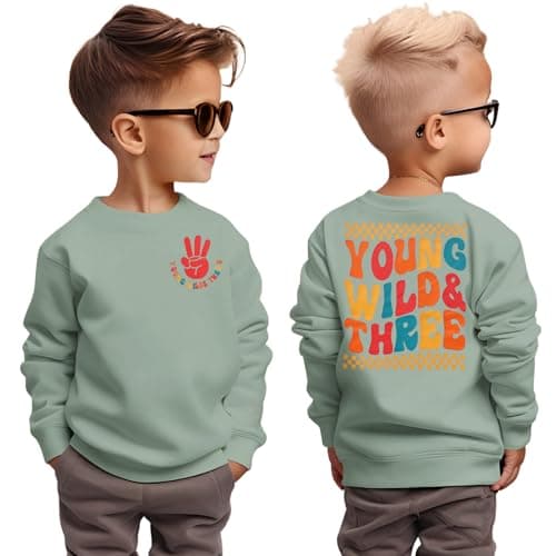 GLIGLITTR Young Wild and Three Sweatshirt Toddler Boy Girl 3rd Birthday Outfit 3 Year Old Third Bday Party Long Sleeve Shirts(Green,3T)