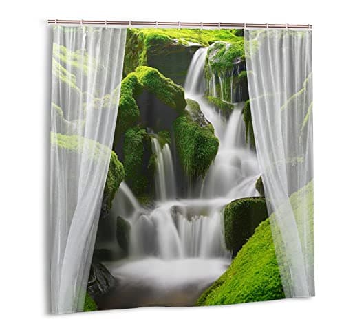 VOUGGIME 3D Spring Nature Waterfall Shower Curtain Tropical Jungle Shower Curtain Green Plant White Gauze Landscape Waterproof Fabric Shower Curtains Set for Bathroom Accessory Decor with Hooks 60x72 — image 1