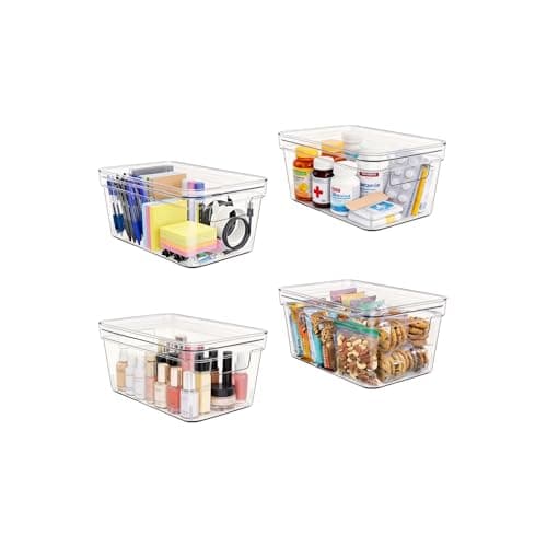 MOONEDGE Small Clear Plastic Storage Bins with Lids and Handles – Stackable Clear Organizer Bins for Vanity,Refrigerator, Kitchen, Pantry, Bathroom, Closet, Laundry Room, Office – 4 Pack (10×6×5 in)