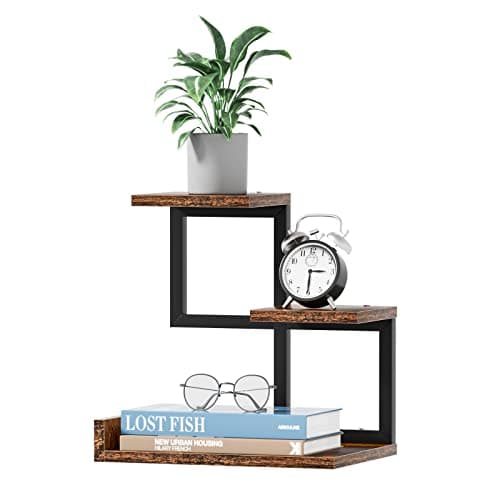 Gannyfer Office Decor Desk Shelf Organizer - Wood Desktop Shelf, Freestanding Desk Hutch, 3 Tier Storage Display Rack, Small Bookshelf with Metal Frame for Books/Plants/Toys (Rustic Brown Black)