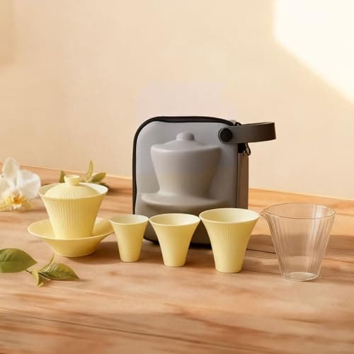 SonGis Porcelain Gongfu Tea Set, Firework Design, All in One Chinese Tea Set, Frosted Texture, Smooth Glazed Interior, Gaiwan Tea Sets for Adults, Gift Boxed, for Home & Outdoor (Gentle Yellow) — image 1