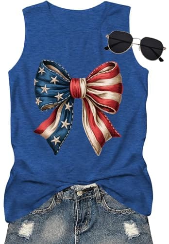 Vrytw 4th of July Bow Tank Top Women-USA Bow Sleeveless Shirt Patriotic Tank Top Cute American Flag Tee Top — image 1