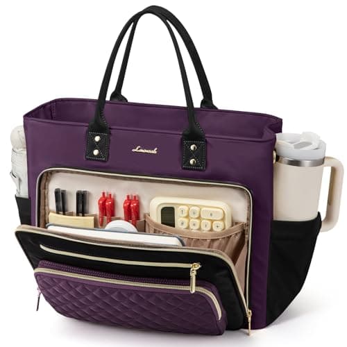 LOVEVOOK Insulated Lunch Tote Bag for Women, Large Capacity Work Bag with Laptop Compartment & Cup Holder, Water Resistant Nurse Tote for Office, Leakproof Crossbody Handbag, 15.6 Inch Black-Purple — image 1