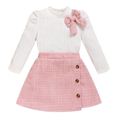 Toddler Girl Plaid Outfits Fall Winter Dress Knit Ribbed Bow Sweatshirt Tops and Button Fashion Skirts Set(White+Pink,4T
