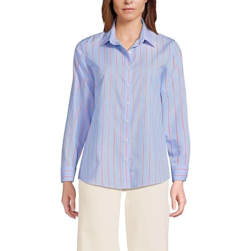 Lands' End Womens LS No Iron Button Front Shirt Light Sea Blue Rail Stripe Regular 12