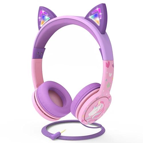 FosPower Kids Headphones with LED Cat Ears (85dB Safe Volume Limit), 3.5mm Soft On-Ear Wired Headphones with Tangle-Free Laced Cables for iPad/Tablet/School/Travel - Baby Pink/Lavender — image 1