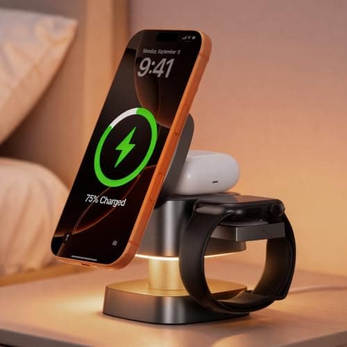 AIYUNDI 4 in 1 Wireless Charging Station for Apple Devices with Night Light, Mag-Safe Charger Stand, 15W Fast Charging for iPhone 17/16/15/14/13/12 Series, iWatch & AirPods(with USB-C Cable) — image 1