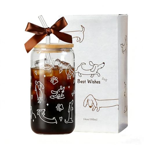 Dachshund Gift for Women, Funny Wiener Dog Gifts Glass Cup with Lid & Straw Coffee & Smoothie Tumbler for Weenie Lovers Dog Owners Pet Moms Wife teens Friend Sister for Mother’s Day Birthday