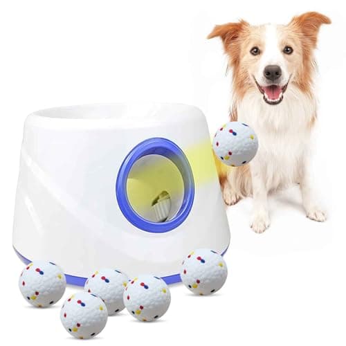Automatic Dog Ball Launcher, Dog Ball Throw Launcher, 3 Adjustable Distance 20-45FT, with 6 2.3-inch ETPU Balls, for Small/Medium Dogs, Indoor and Outdoor Interactive Toys