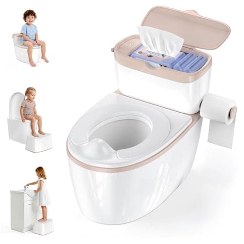 3-in-1 Toddler Potty Training Toilet with Flushing Sound, Wipes Storage & Toilet Paper Holder, Realistic Potty Chair with Detachable Seat and Easy-Clean Design for Boys & Girls Ages 18+ Months (Brown)