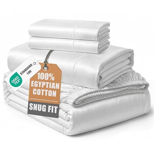 100% Egyptian Cotton Sheets Queen Size - Naturally Cooling & Breathable 4 Piece Silky Sateen Weave Queen Sheet Set, Ultra-Soft & Durable Hotel Luxury Sheets with 15" Snug Fit Deep Pockets - White — image 1