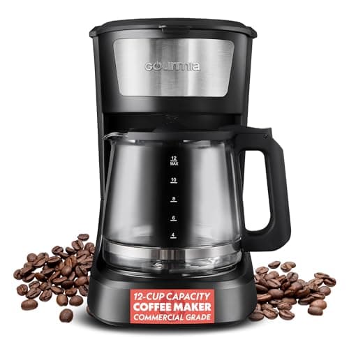 Gourmia 12 Cup One-Touch Coffee Maker – Pause and Serve with Automatic Keep Warm, Easy View Water Window, Compact Design, Stainless Steel Accents, Black